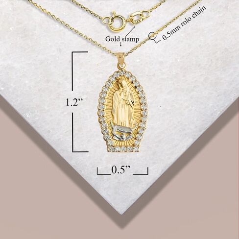 10K or 14K Yellow Gold 1-1/5" CZ-Accented Blessed Our Lady of Guadalupe Miraculous Pendant Necklace - Choose Pendant Only or Necklace with Chain in Kuwait