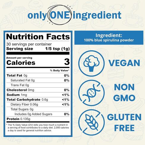 Blue Spirulina Powder (Phycocyanin Extract) - 30g/1.05oz 100% Pure Vegan Protein from Algae, No Fishy Smell, Natural Food Coloring for Beverages, Baking, and Breakfast Bowl (1.05oz (30g)) in Kuwait