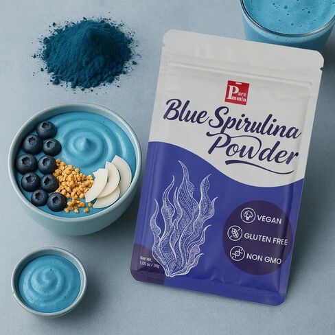 Blue Spirulina Powder (Phycocyanin Extract) - 30g/1.05oz 100% Pure Vegan Protein from Algae, No Fishy Smell, Natural Food Coloring for Beverages, Baking, and Breakfast Bowl (1.05oz (30g)) in Kuwait