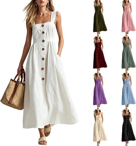 Womens Linen Dresses Summer Spaghetti Strap Sleeveless Boho Dress Button Beach Maxi Long Dresses with Pocket in Saudi Arabia