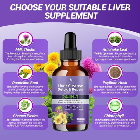 Liver Cleanse Detox & Repair Liquid Drops - Milk Thistle, Dandelion, Psyllium Husk & Artichoke Supplement for Liver Health & Digestion - Sugar-Free Vegan Extract, 2 Fl Oz (30 Servings) in Saudi Arabia