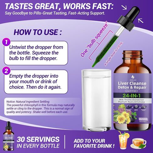 Liver Cleanse Detox & Repair Liquid Drops - Milk Thistle, Dandelion, Psyllium Husk & Artichoke Supplement for Liver Health & Digestion - Sugar-Free Vegan Extract, 2 Fl Oz (30 Servings) in Saudi Arabia