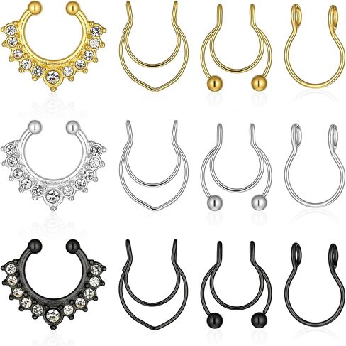 12 Pcs Fake Nose Rings, Nose Piercings Jewelry, Fake Lip Hoop Rings for Women Men, Faux Lip Septum Noses Ring in Kuwait