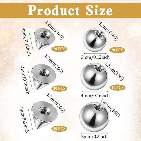 120Pcs Replacement Piercing Changing Balls and Spikes 16G Externally Threaded Piercing Balls 3/4/5mm Stainless Steel Ball for Septum Lip Labret Medusa Eyebros Tragus Helix Conch in Kuwait