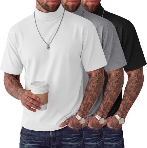 August Alley 3 Pack Men's Mock Neck T Shirts Short Sleeve Turtleneck Undershirt Summer Pullover Basic Tops Causal Solid Tees in Saudi Arabia