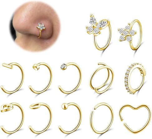 12PCS Hoop Nose Rings for Women, 14K Gold 20G Hypoallergenic Surgical Stainless Steel Nose Rings Small Heart Butterfly Flower Double Hoop CZ Nose Piercing Cartilage Helix Earring Jewelry 8mm in Kuwait