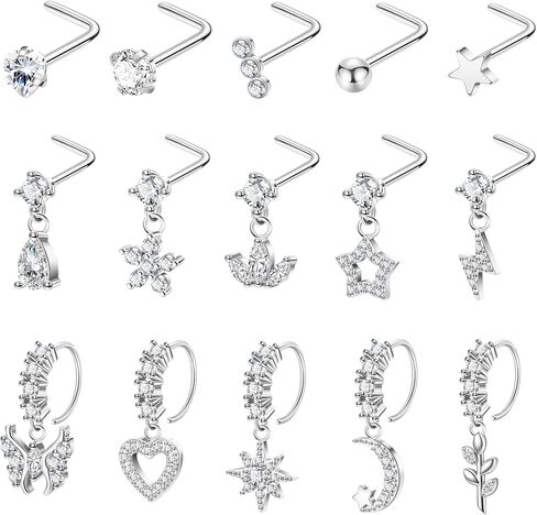 15PCS 20G Surgical Steel Dangle Nose Rings for Women L Shaped Nose Stud CZ Flower Butterfly Heart Star Dangling Nose Ring Hoops Nose Piercing Jewelry in Kuwait