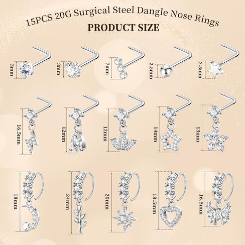 15PCS 20G Surgical Steel Dangle Nose Rings for Women L Shaped Nose Stud CZ Flower Butterfly Heart Star Dangling Nose Ring Hoops Nose Piercing Jewelry in Kuwait