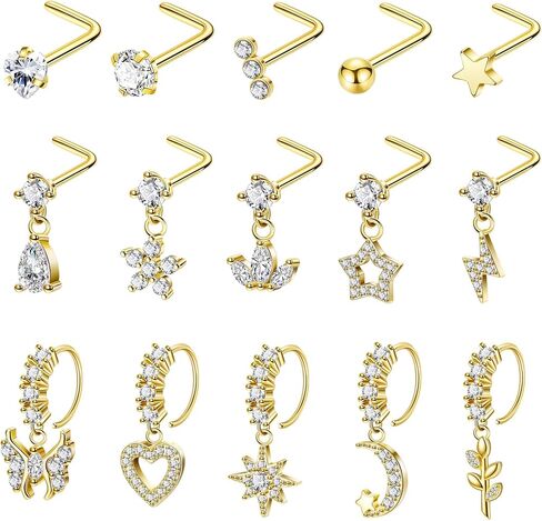 15PCS 20G Surgical Steel Dangle Nose Rings for Women L Shaped Nose Stud CZ Flower Butterfly Heart Star Dangling Nose Ring Hoops Nose Piercing Jewelry in Kuwait