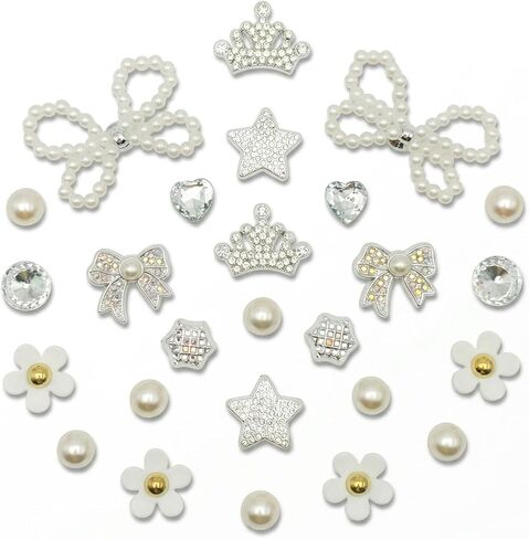 Ziigole 26Pcs Bling Shoe Charms for Girls, 2 Large Pearl Butterfly, Rhinestone Bee, Crown, Bow Shoe Decoration Charms, Acrylic Flower Accessories for Women in Saudi Arabia