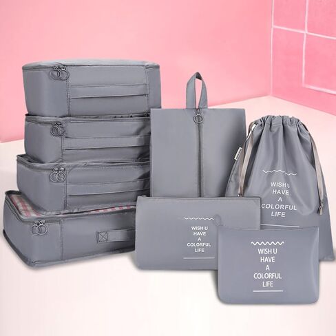 8 Set Packing Cubes For Travel-Travel Essential Carry On Luggage Organizer,Bring Laundry Bag, Shoe Bag, Clothing And Underwear Bag (Grey) in Kuwait