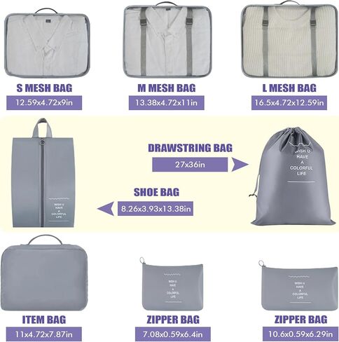 8 Set Packing Cubes For Travel-Travel Essential Carry On Luggage Organizer,Bring Laundry Bag, Shoe Bag, Clothing And Underwear Bag (Grey) in Kuwait