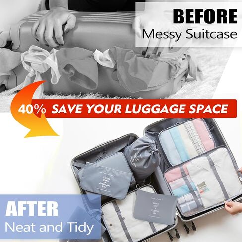 8 Set Packing Cubes For Travel-Travel Essential Carry On Luggage Organizer,Bring Laundry Bag, Shoe Bag, Clothing And Underwear Bag (Grey) in Kuwait