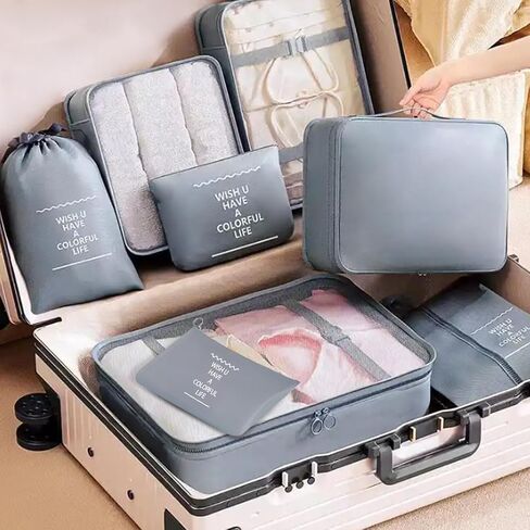 8 Set Packing Cubes For Travel-Travel Essential Carry On Luggage Organizer,Bring Laundry Bag, Shoe Bag, Clothing And Underwear Bag (Grey) in Kuwait