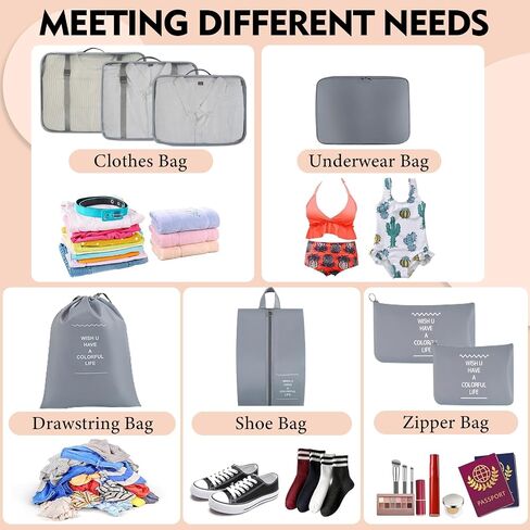 8 Set Packing Cubes For Travel-Travel Essential Carry On Luggage Organizer,Bring Laundry Bag, Shoe Bag, Clothing And Underwear Bag (Grey) in Kuwait