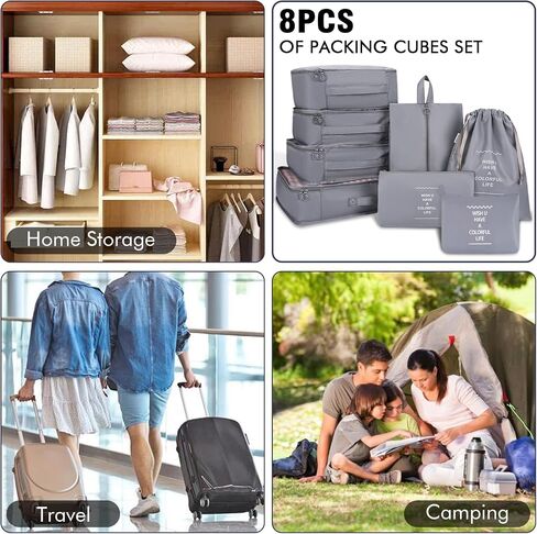8 Set Packing Cubes For Travel-Travel Essential Carry On Luggage Organizer,Bring Laundry Bag, Shoe Bag, Clothing And Underwear Bag (Grey) in Kuwait