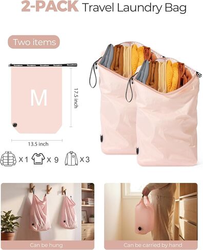 Travel Laundry Bag, Pump-Free Vacuum Compression Dirty Clothes Bag, Reusable Waterproof & Washable Laundry Bag, Wet and Dry Bag, Ideal for Suitcases, Road Trip Essentials (2 Pack, M+M) Pink in Saudi Arabia