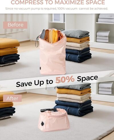 Travel Laundry Bag, Pump-Free Vacuum Compression Dirty Clothes Bag, Reusable Waterproof & Washable Laundry Bag, Wet and Dry Bag, Ideal for Suitcases, Road Trip Essentials (2 Pack, M+M) Pink in Saudi Arabia