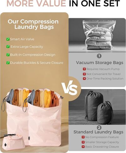 Travel Laundry Bag, Pump-Free Vacuum Compression Dirty Clothes Bag, Reusable Waterproof & Washable Laundry Bag, Wet and Dry Bag, Ideal for Suitcases, Road Trip Essentials (2 Pack, M+M) Pink in Saudi Arabia