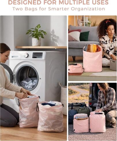 Travel Laundry Bag, Pump-Free Vacuum Compression Dirty Clothes Bag, Reusable Waterproof & Washable Laundry Bag, Wet and Dry Bag, Ideal for Suitcases, Road Trip Essentials (2 Pack, M+M) Pink in Saudi Arabia