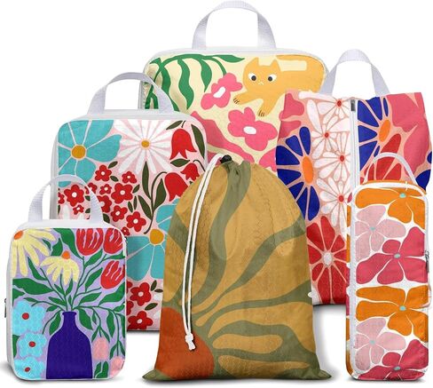 6 Set Compression Packing Cubes for Travel,Bohemia Packing Cubes for Suitcase Luggage Organizer Bags,Travel Essentials for Carry on Backpack,Ultralight and Waterproof (Boho Wildflowers) in Kuwait