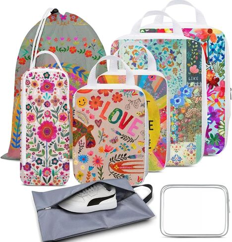 6 Set Compression Packing Cubes for Travel,Bohemia Packing Cubes for Suitcase Luggage Organizer Bags,Travel Essentials for Carry on Backpack,Ultralight and Waterproof (Boho Wildflowers) in Kuwait