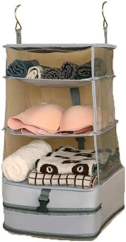 Hanging Closet Organizer - 4 Layer Closet Organizers and Storage, Foldable Travel Luggage Organizer for Underwear, Socks, Bras, Portable Oxford Cloth Packing Cube with Hanging Design (Gray) in Saudi Arabia