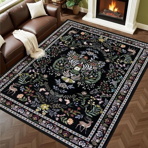 8x10 Area Rugs Living Room Rug: Vintage Washable Rug Floral Soft Carpet Indoor Floor Non-Slip Boho Stain Resistant Large Carpets for Bedroom Kids Nursery Dining Room Farmhouse Home Office Black in Saudi Arabia