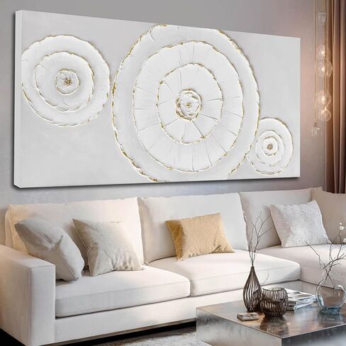 Abstract Canvas Wall Decor Minimalist Wall Art White Pictures Framed Textured Gold Round Painting for Living Room Home Office 29"x 58" Large Neutral Art in Kuwait