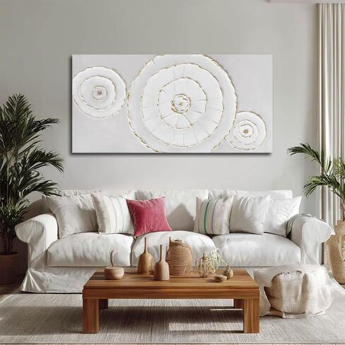Abstract Canvas Wall Decor Minimalist Wall Art White Pictures Framed Textured Gold Round Painting for Living Room Home Office 29"x 58" Large Neutral Art in Kuwait