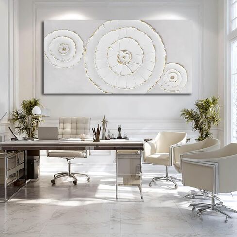 Abstract Canvas Wall Decor Minimalist Wall Art White Pictures Framed Textured Gold Round Painting for Living Room Home Office 29"x 58" Large Neutral Art in Kuwait