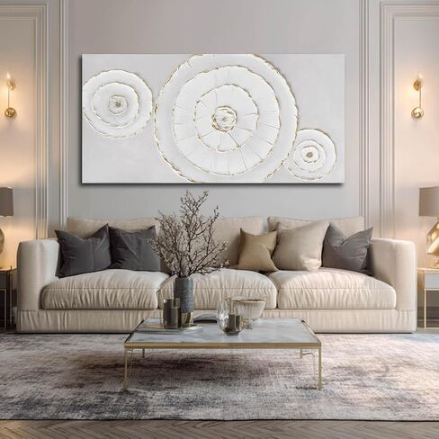 Abstract Canvas Wall Decor Minimalist Wall Art White Pictures Framed Textured Gold Round Painting for Living Room Home Office 29"x 58" Large Neutral Art in Kuwait
