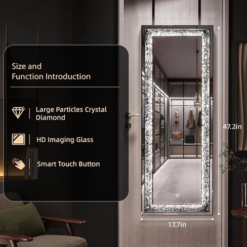 مرآة معلقة للباب مقاس 47 × 18 بوصة مع مصابيح LED - إطار ماسي كريستالي، زجاج عاكس عالي الدقة، حامل مانع للانزلاق، فوق الباب أو المائل، مرآة لكامل الجسم لغرفة النوم والمدخل in Kuwait