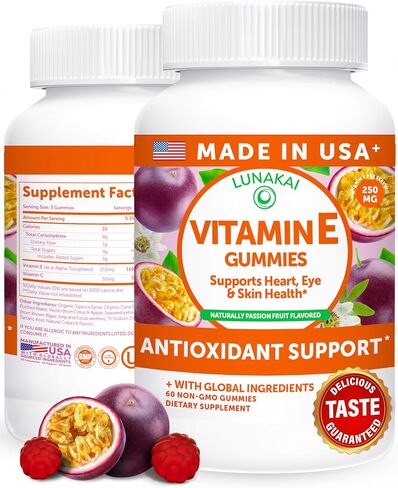 Lunakai USA Made Vitamin E 400 IU Gummies with Vitamin C 50mg, for Eye, Immune & Skin Support - d-Alpha-Tocopherol for Adults, Women & Men, Non-GMO Vegan, 60 Daily VIT E Gummies in Saudi Arabia