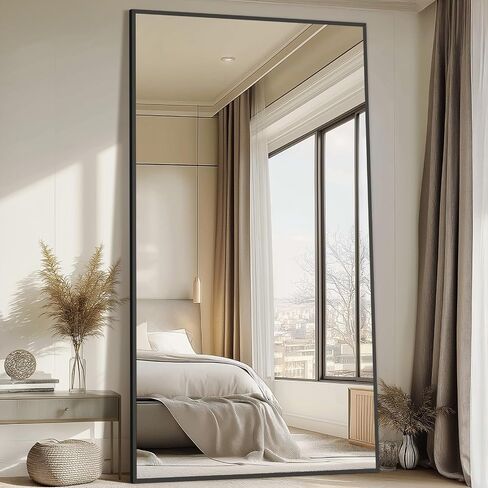 Mirrorons 82"x44" Oversized Black Full Length Mirror, Floor Standing or Wall Mounted with Hanging Kit, Shatterproof Tempered Glass Mirror for Living Room, Bedroom, Dressing Room, Gym in Saudi Arabia