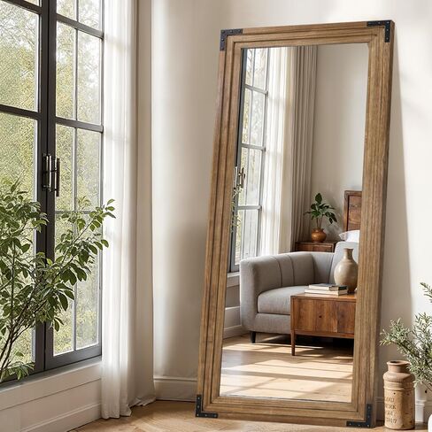 Full Length Mirror 71"x30" Solid Wood Frame Floor Standing Mirror, Hanging or Leaning Wall-Mounted for Living Room, Bedroom, Oak Color in Saudi Arabia