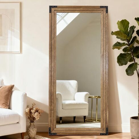 Full Length Mirror 71"x30" Solid Wood Frame Floor Standing Mirror, Hanging or Leaning Wall-Mounted for Living Room, Bedroom, Oak Color in Saudi Arabia