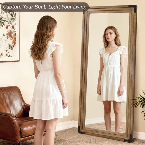 Full Length Mirror 71"x30" Solid Wood Frame Floor Standing Mirror, Hanging or Leaning Wall-Mounted for Living Room, Bedroom, Oak Color in Saudi Arabia