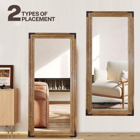 Full Length Mirror 71"x30" Solid Wood Frame Floor Standing Mirror, Hanging or Leaning Wall-Mounted for Living Room, Bedroom, Oak Color in Saudi Arabia