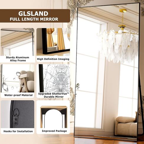 GLSLAND 71"x31" Full Length Mirror Extra Large Hanging or Leaning Rectangle Mirror Aluminum Alloy Thin Frame Bedroom Floor Dressing,Black in Saudi Arabia