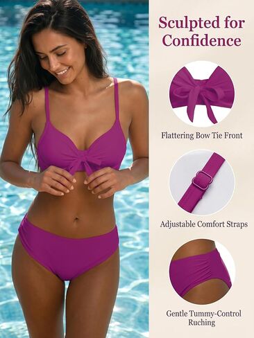CUPSHE Women's Bikini Set Underwire Push Up Two Piece Swimsuit Front Knot Tie Bathing Suit Back Hook Ruched Side in Kuwait