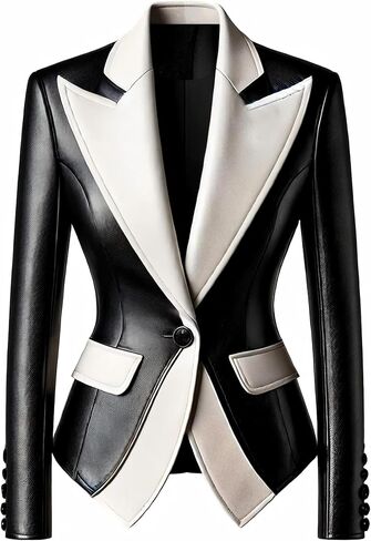 Women's PU Jacket, Black and White Color Block, Faux Leather Blazer, Single Button, Notched Lapel in Saudi Arabia