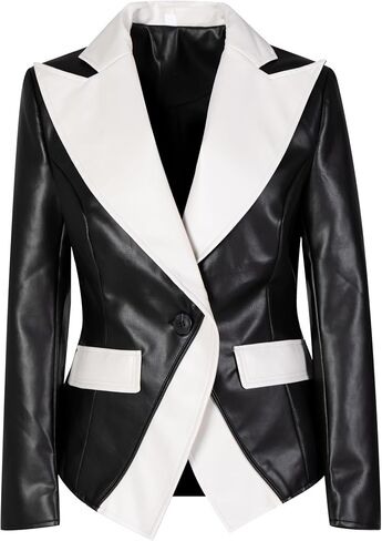 Women's PU Jacket, Black and White Color Block, Faux Leather Blazer, Single Button, Notched Lapel in Kuwait