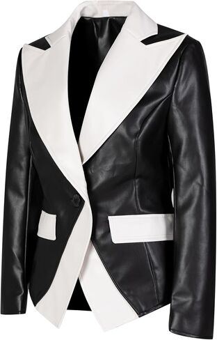 Women's PU Jacket, Black and White Color Block, Faux Leather Blazer, Single Button, Notched Lapel in Kuwait