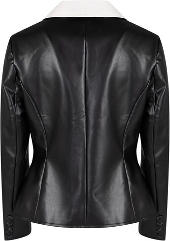 Women's PU Jacket, Black and White Color Block, Faux Leather Blazer, Single Button, Notched Lapel in Kuwait