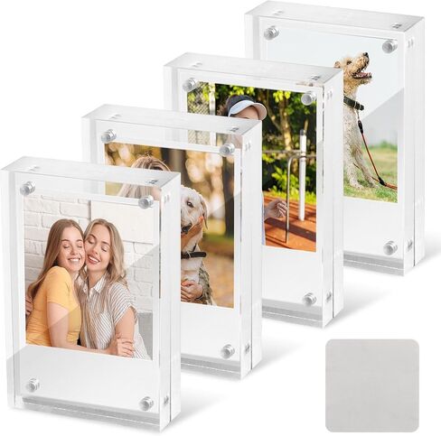 4 Pack Magnetic Acrylic Picture Frame, 2.5x3.5 Inch, 10+10 mm Thick Block, Clear Mini Frames for Polaroid Photos, Wallet Size Magnetic Polaroid Frame for Tabletop Display (COLOR:Clear) in Saudi Arabia