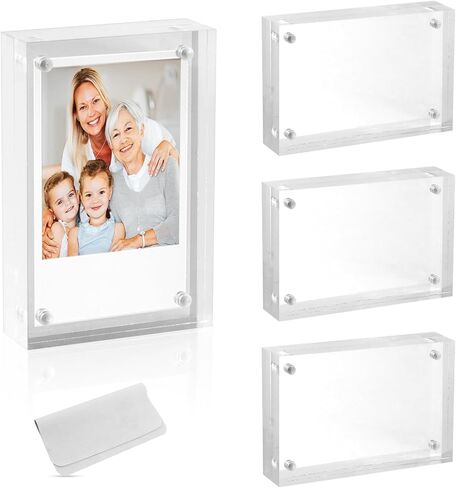 4 Pack Magnetic Acrylic Picture Frame, 2.5x3.5 Inch, 10+10 mm Thick Block, Clear Mini Frames for Polaroid Photos, Wallet Size Magnetic Polaroid Frame for Tabletop Display (COLOR:Clear) in Saudi Arabia