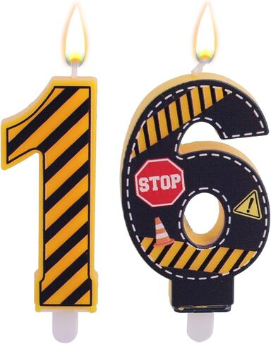 2pcs Caution Logo Number 16th Birthday Candles, Yellow and Black Striped Candle Novelty Construction Traffic Cone & Caution Barrier Cake Decorations for Boys Girls Kids Birthday Supplies (Number 16) in Kuwait