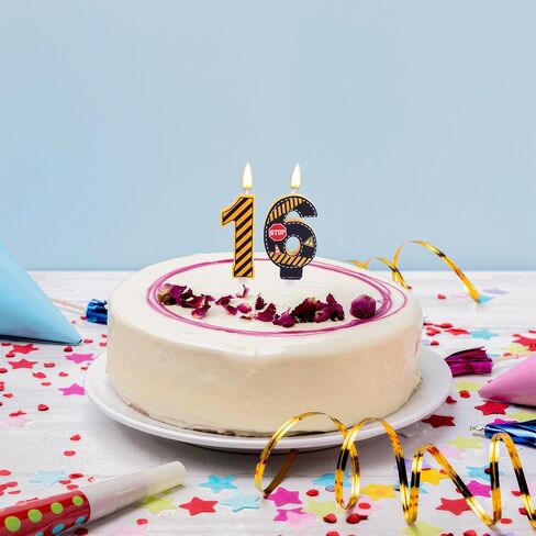 2pcs Caution Logo Number 16th Birthday Candles, Yellow and Black Striped Candle Novelty Construction Traffic Cone & Caution Barrier Cake Decorations for Boys Girls Kids Birthday Supplies (Number 16) in Kuwait