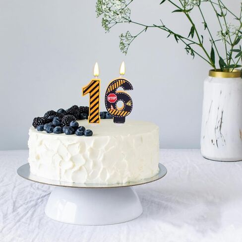 2pcs Caution Logo Number 16th Birthday Candles, Yellow and Black Striped Candle Novelty Construction Traffic Cone & Caution Barrier Cake Decorations for Boys Girls Kids Birthday Supplies (Number 16) in Kuwait